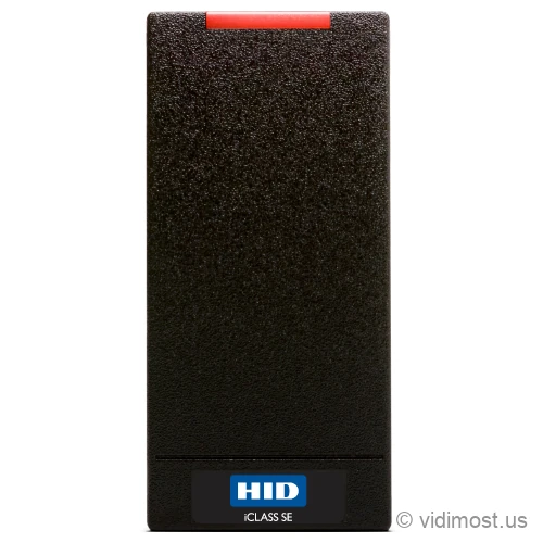 A small black HID iCLASS SE R10 mini-mullion door reader with a red light bar across the top and a blue iCLASS SE badge at the bottom.