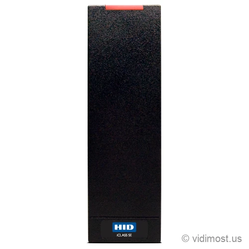 A narrow, tall black HID iCLASS SE R15 mullion card reader with a red LED bar across the top and a blue HID iCLASS SE badge at the bottom.