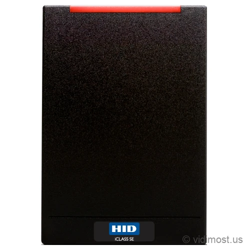 A black HID iCLASS SE R40 single-gang wall reader, wider than the mullion models, with a red light bar across the top and a blue iCLASS SE badge.