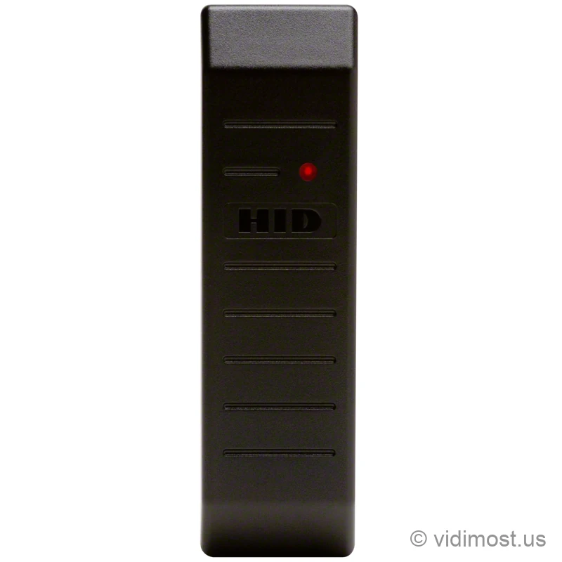 A tall, slim black HID MiniProx 5365 mullion-mount proximity reader with horizontal ridges, a red LED near the top and the HID name embossed on the front.