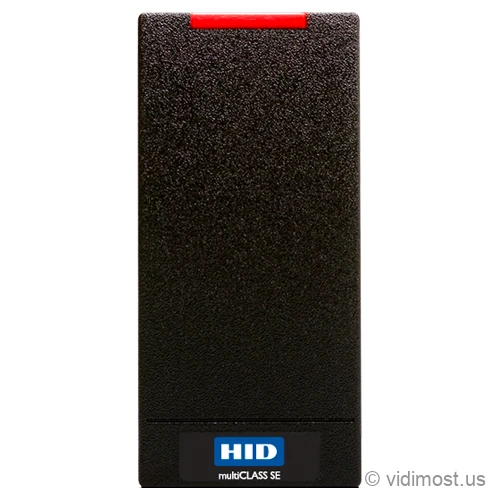 A small black HID multiCLASS SE RP10 mini-mullion door reader with a red light bar across the top and a blue multiCLASS SE badge at the bottom.