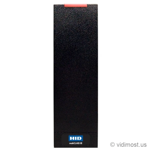 A narrow, tall black HID multiCLASS SE RP15 mullion reader with a red light bar across the top and a blue HID multiCLASS SE badge at the bottom.