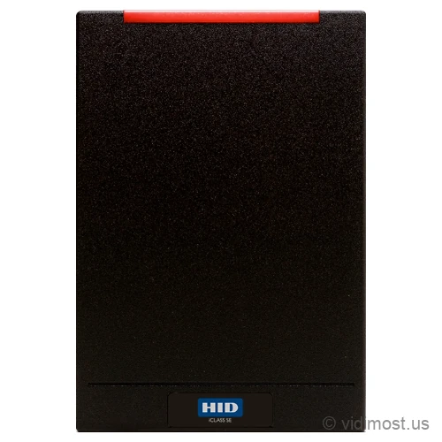 A black single-gang HID multiCLASS SE RP40 wall reader with a red light bar across the top and a blue multiCLASS SE badge, wider than a mullion reader.