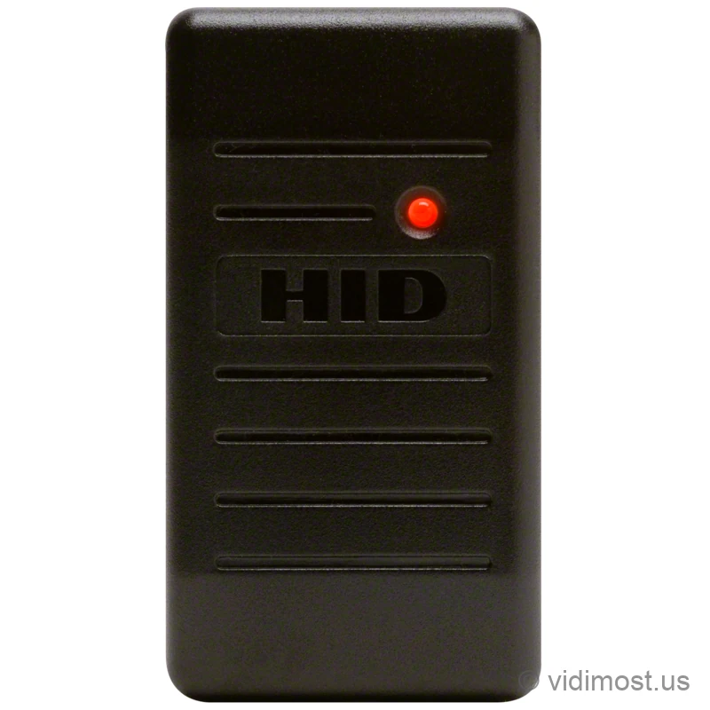 A small compact black HID ProxPoint Plus 6005 proximity reader, taller than it is wide, with a red LED and the word HID embossed on the face.