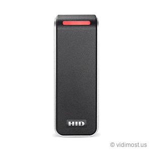 A dark gray HID Signo 20 mullion reader with a brushed metal edge and a red light bar across the top, HID printed near the bottom.