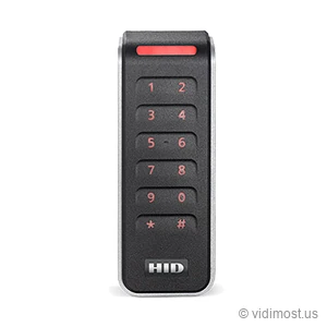 A dark gray HID Signo 20K mullion reader with a red-backlit capacitive keypad, a red light bar across the top and HID near the bottom.