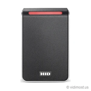 A dark gray single-gang HID Signo 40 wall reader with a brushed metal edge and a red light bar across the top, HID printed near the bottom.
