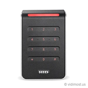 A dark gray single-gang HID Signo 40K wall reader with a red-backlit capacitive keypad, a red light bar across the top and the HID logo near the bottom.
