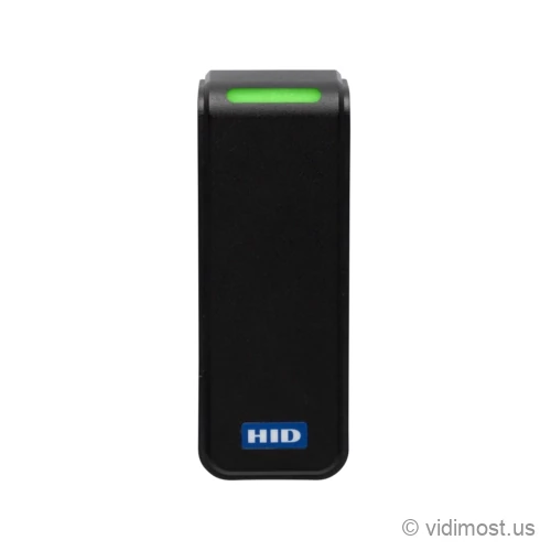A black HID Signo Express mullion reader in a tall narrow housing, with a lit green indicator bar across the top and HID printed near the bottom.