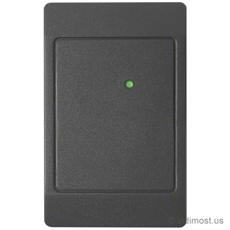 A slim, low-profile black HID ThinLine II wall reader shaped like a single-gang switch plate, with a small green status LED and no visible logo.